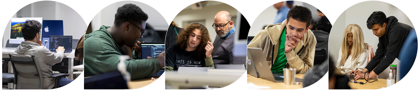 Collage of various dae students working on their computers in classroom